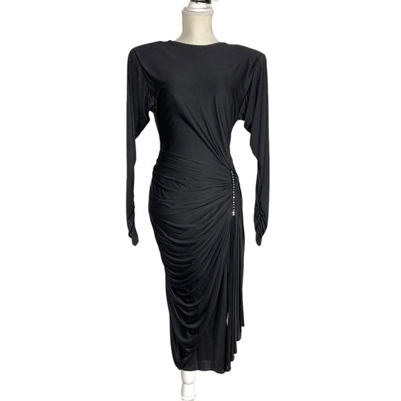 Vintage 80s Black Bodycon Ruched Long Sleeve Open Back Dress Small